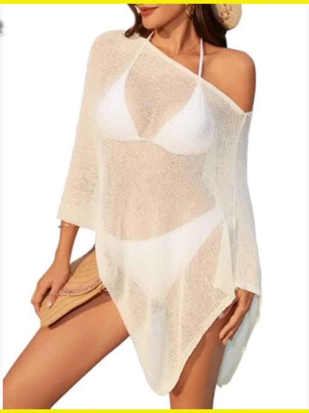 Sheer Crochet Drop Shoulder Poncho Sweater Top Summer Beach Cover Up Boho
